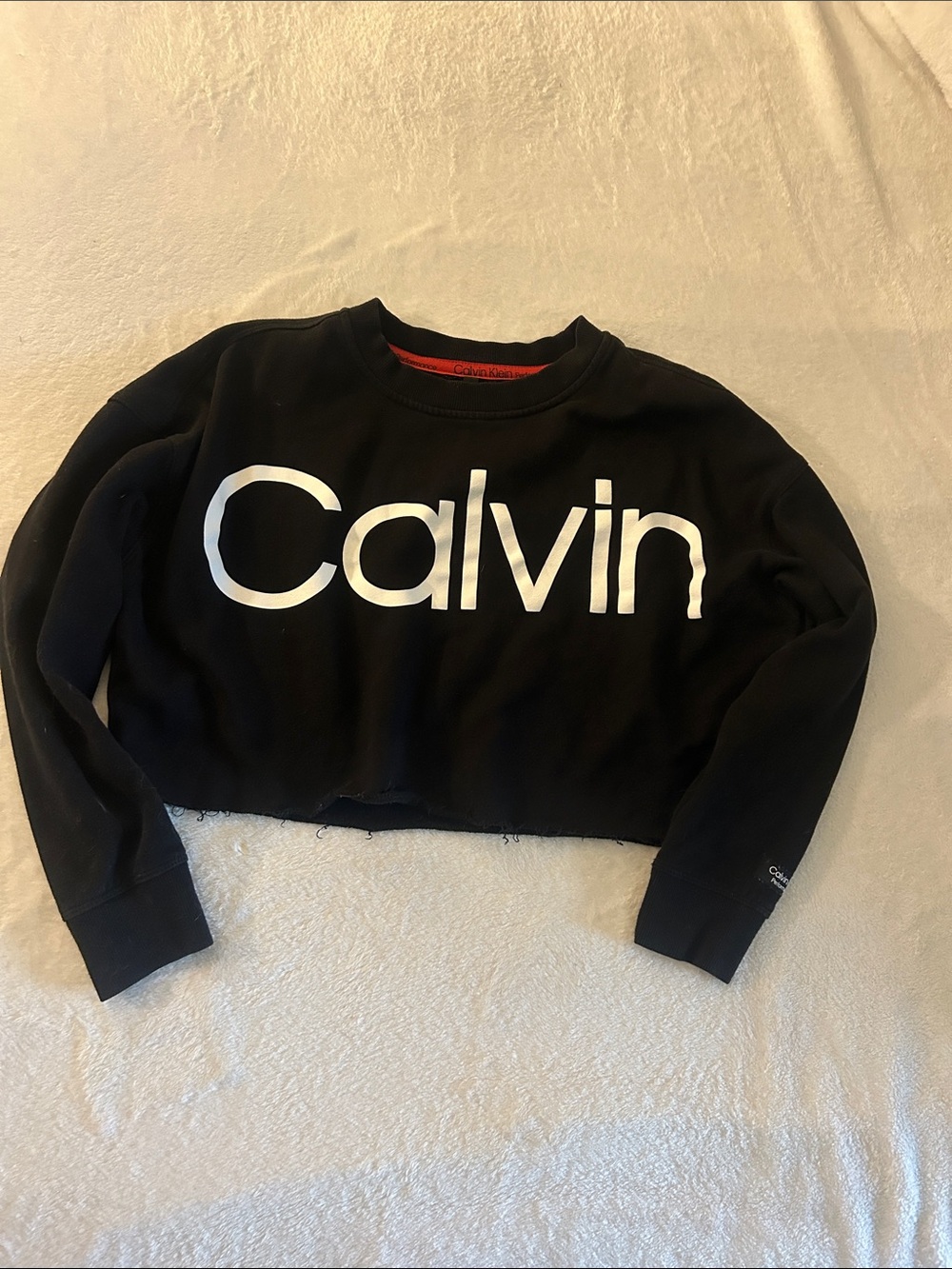 Calvin Klein Black Cropped Crewneck Sweatshirt with White Logo
